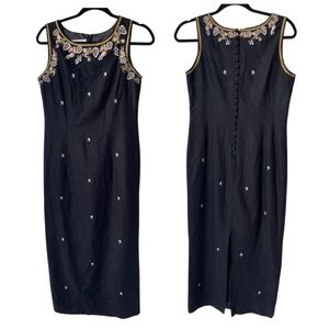 Vintage Linen Blend Embroidered Midi Dress